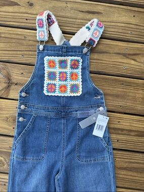 NWT Kids Denim Overalls with Multicolor Crochet Peace Patch